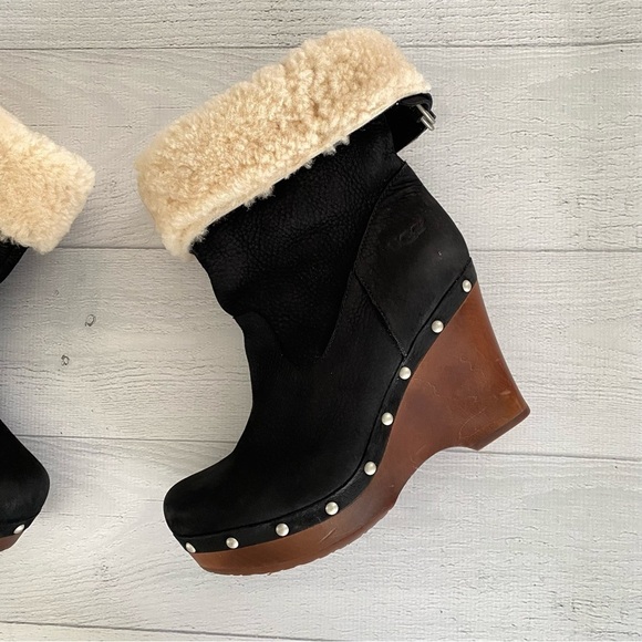 UGG Carnegie Cuffed Shearling Boots Black Suede Leather Platform Sz 8 - Picture 3 of 11